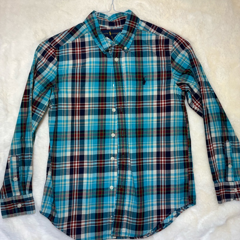 Boys Ralph Lauren Plaid Button-Down Shirt – Blue/Teal – Long Sleeve